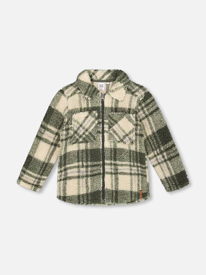 Sobrecamisa de manga larga con cremallera al frente de sherpa en cuadros verde salvia y beige para venta al por mayor de Deux par Deux