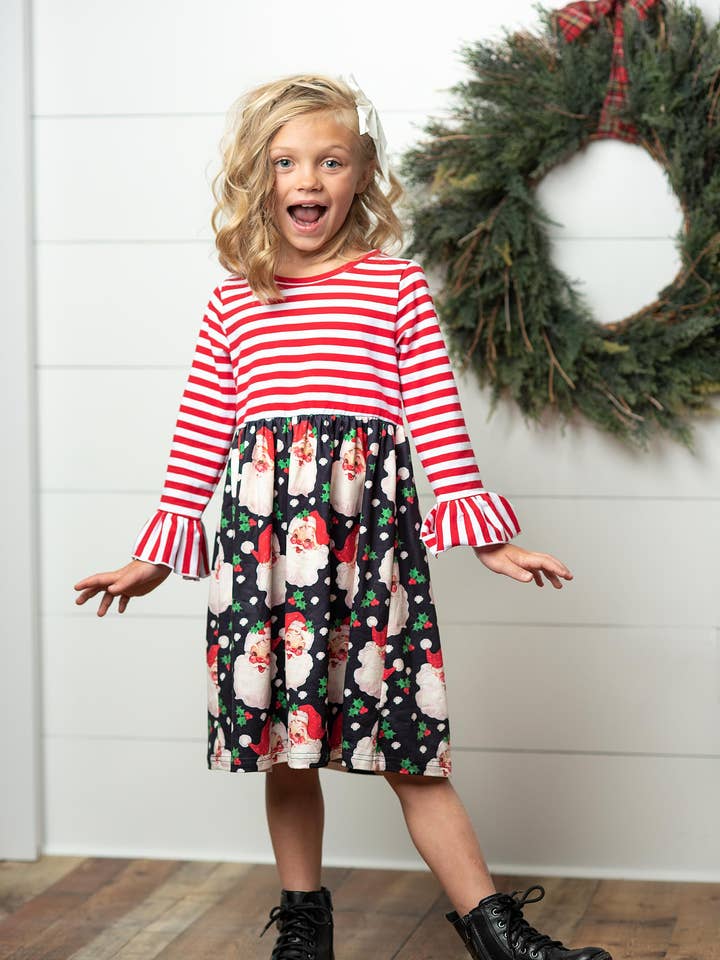 Adorable Sweetness - Wholesale Dress - Kids - Kids Santa Candy Cane Stripe Holiday Ruffle Twirl Dress