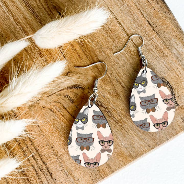 CATS WITH GLASSES print dangle teardrop earrings for wholesale by Eartherella Soap & Candle Co., LLC