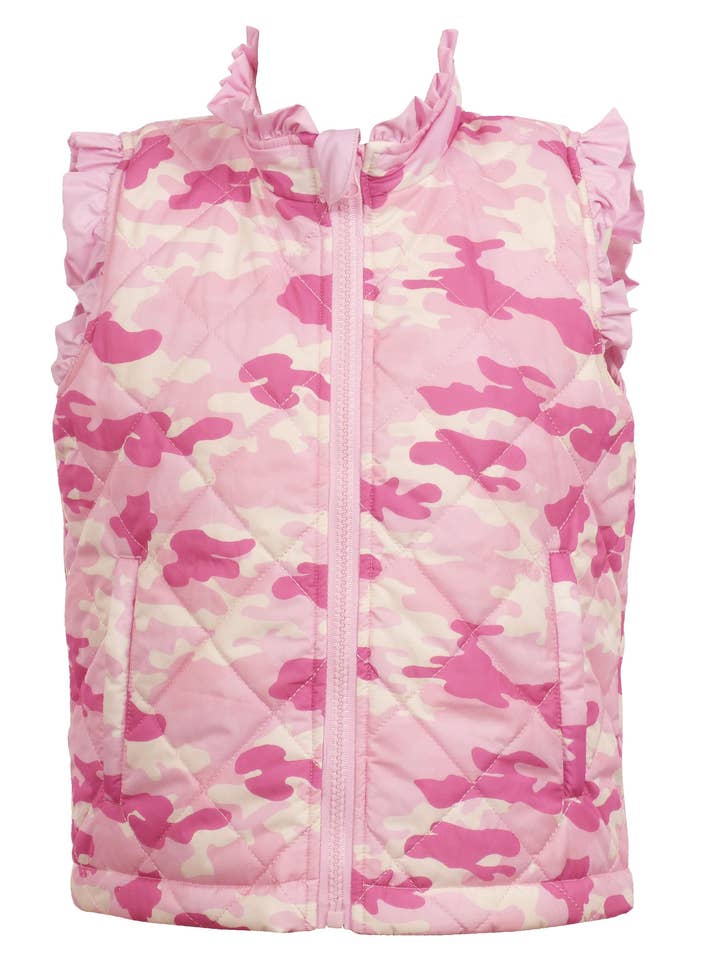Vera-Weste mit Rüschen, wendbar — Cotton Candy Rosa/Pink Power Camo für den Großhandel von The Yellow Lamb
