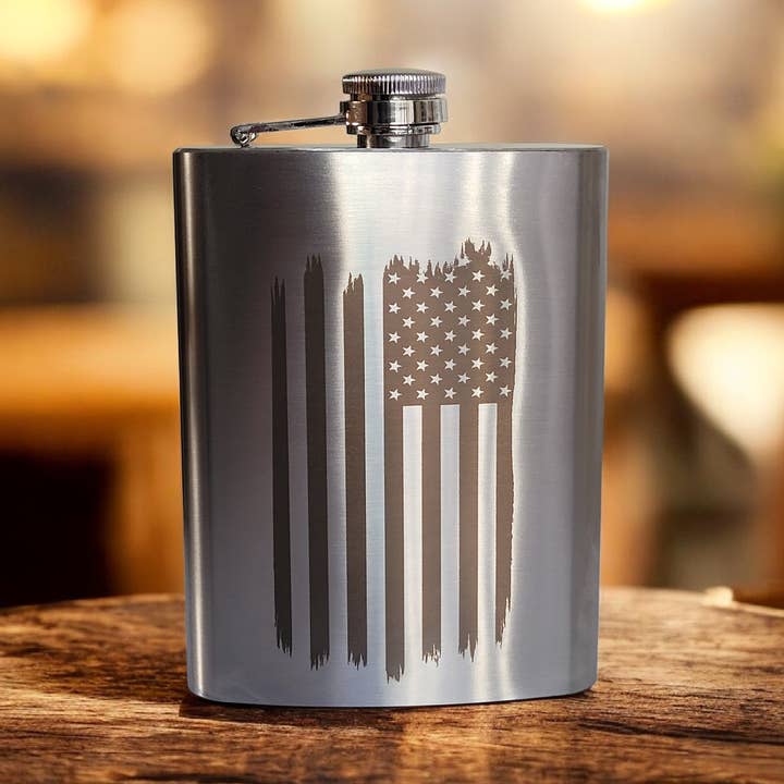 US Flag Engraved Stainless Steel 8 oz. Hip Pocket Flask for wholesale by Megical Basket