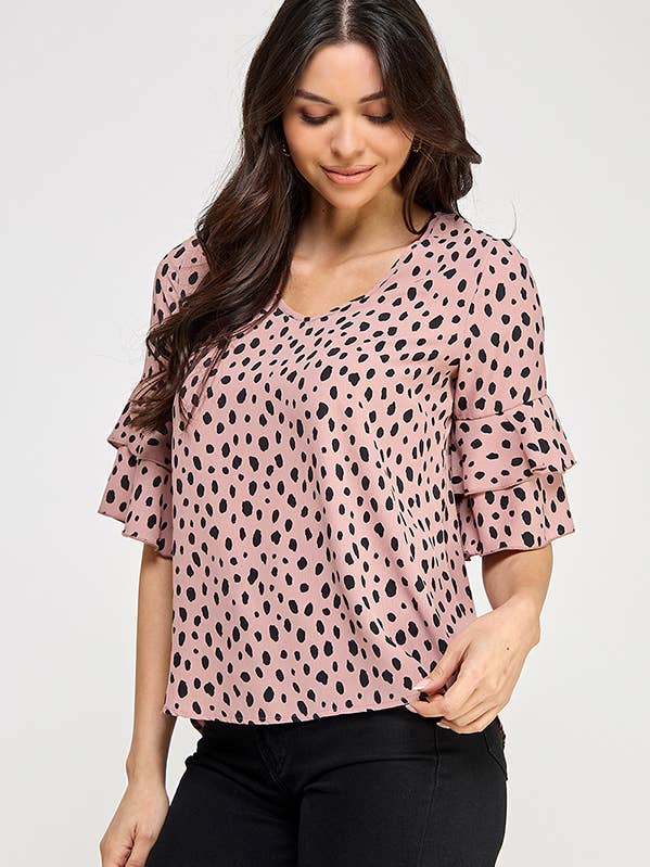 Haut à manches volantées à imprimé animalier tissé pour la vente par Melon Fashion