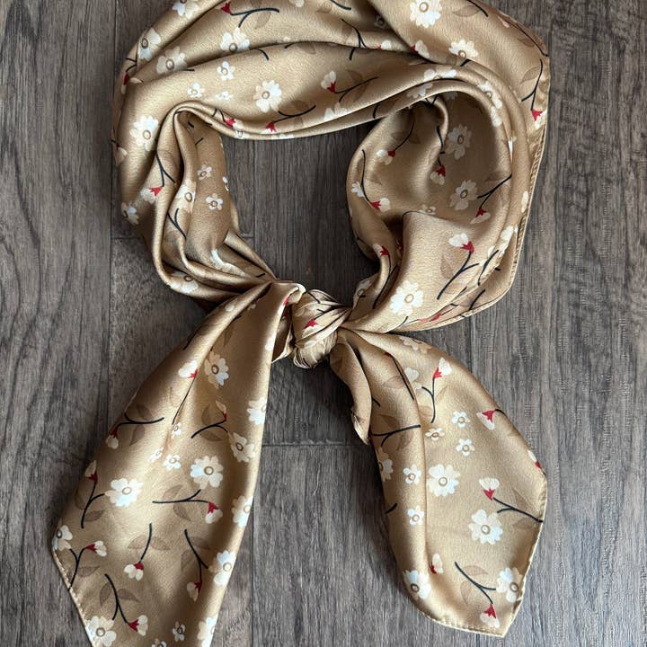 Wild Rag Taupe with white and red flowers Cowboy Western Neck Scarf Bandanna by Double B Wild Rags for wholesale by Double B Wild Rags