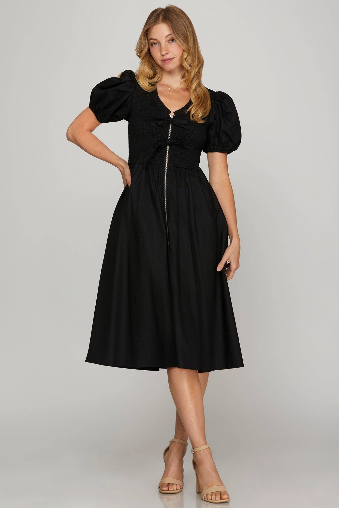 Bestto - Wholesale Dress - Women's - CUTE BOW TIE SHORT PUFF SLEEVES SMOCK SUMMER DRESS