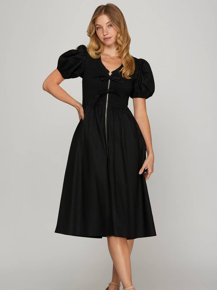 Bestto - Wholesale Dress - Women's - CUTE BOW TIE SHORT PUFF SLEEVES SMOCK SUMMER DRESS0