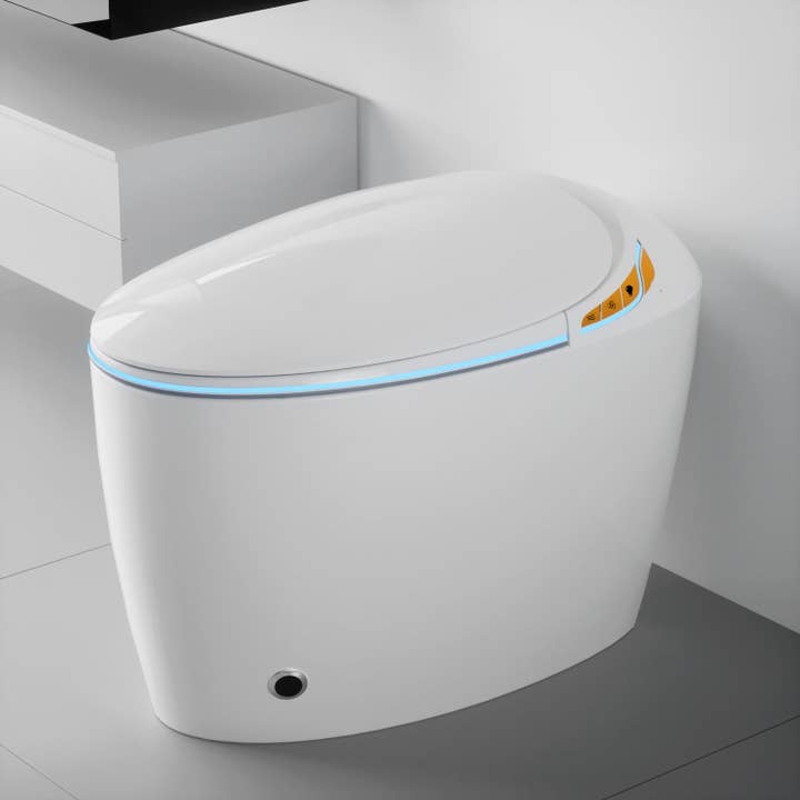 Toilette intelligente unique avec bidet intégré, toilette monobloc intelligente pour salle de bain moderne, siège à ouverture/fermeture automatique, capteur de pied, affichage LED, veilleuse, eau chaude et sèche-linge, blanc. pour la vente par 39F Inc.
