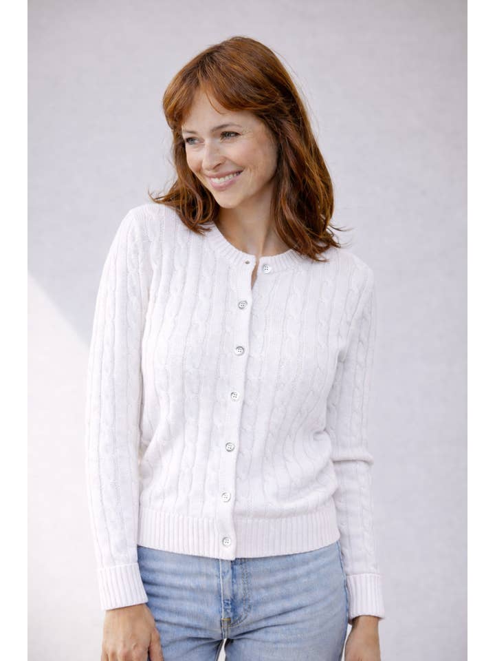 Pearls & Camo - Wholesale Cardigan - Women's - White Cable Knit Cotton Cardigan