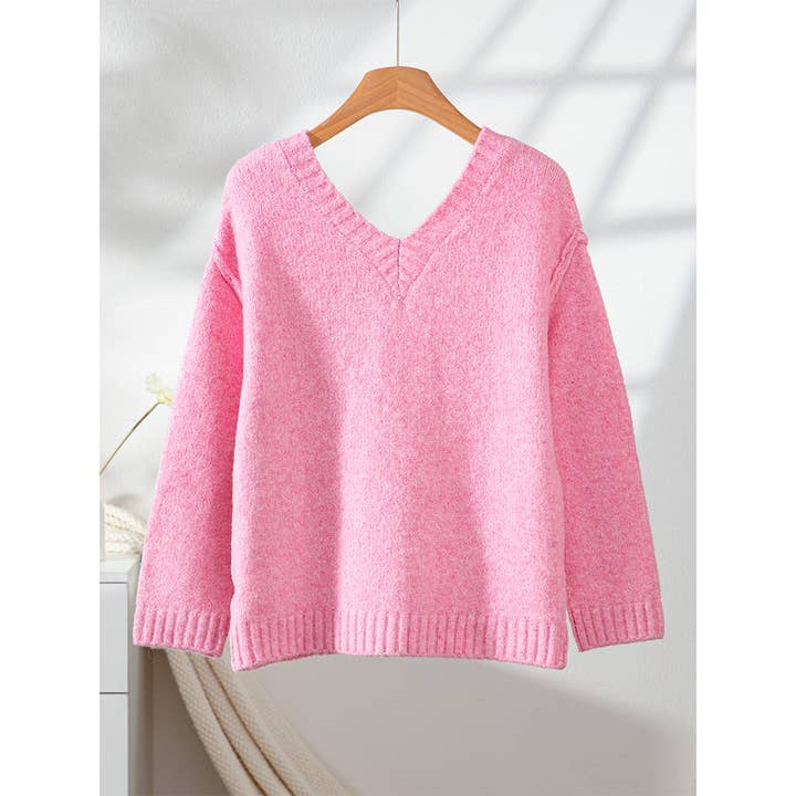Pink Solid V-Neck Pullover Off-Shoulder Knit Top MMY306 for wholesale on Faire6