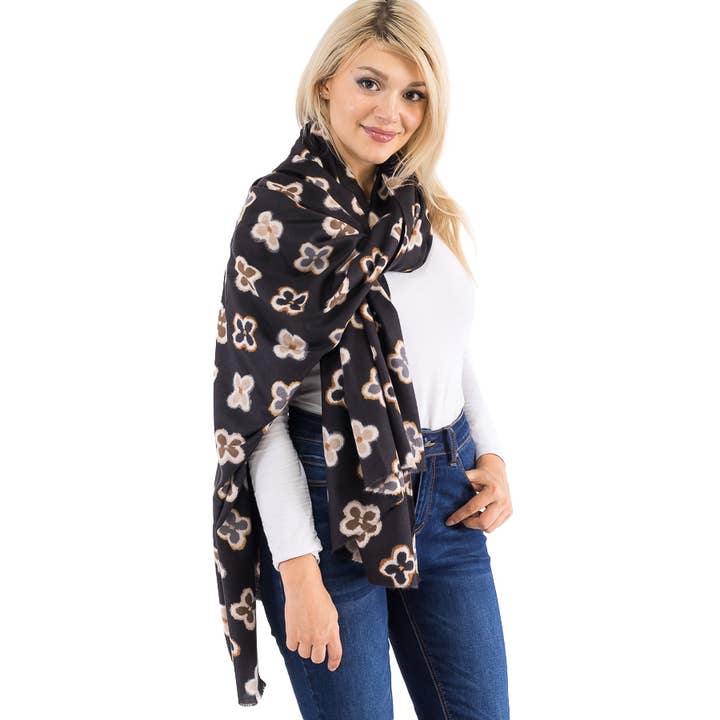Cap Zone - Wholesale Scarf - Women's - Multicolor Clover Monogram Print Faux Cashmere Oblong Scarf