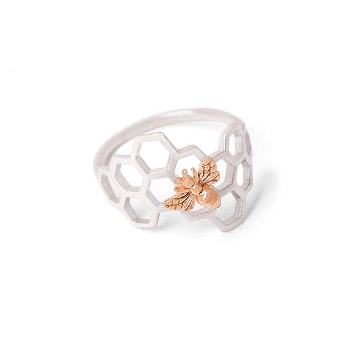 Nina Designs - Wholesale Band/Stacked Ring - Sterling Silver Honeycomb Ring with Bronze Bee