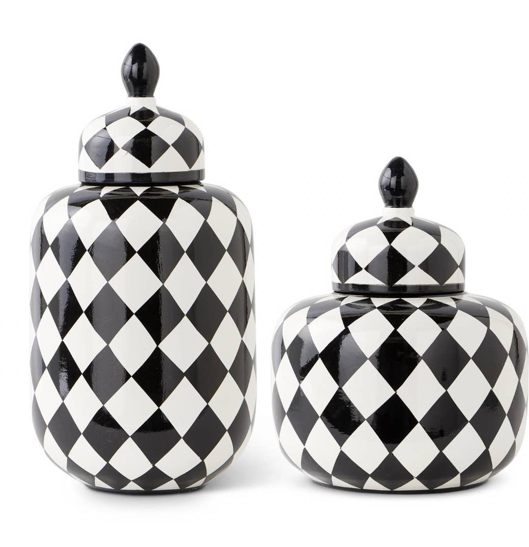Dunn Deals - Wholesale Jar - Set of 2 Black & White Royal Ceramic Harlequin Jars w/Lids
