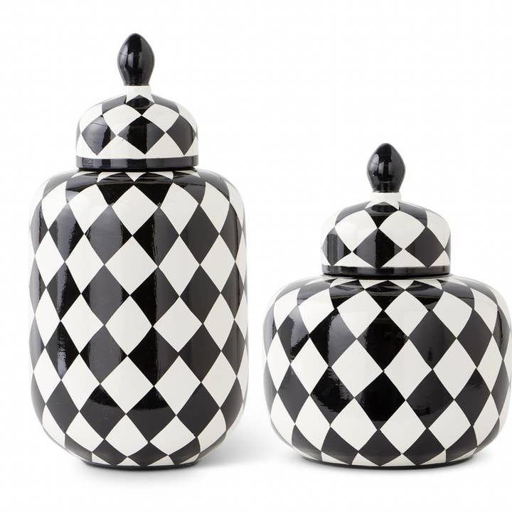 Set of 2 Black & White Royal Ceramic Harlequin Jars w/Lids for wholesale by Dunn Deals
