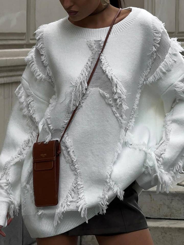 Maglione pullover patchwork vintage con nappine larghe DPT0820 per la vendita all'ingrosso da parte di Dipped Shop