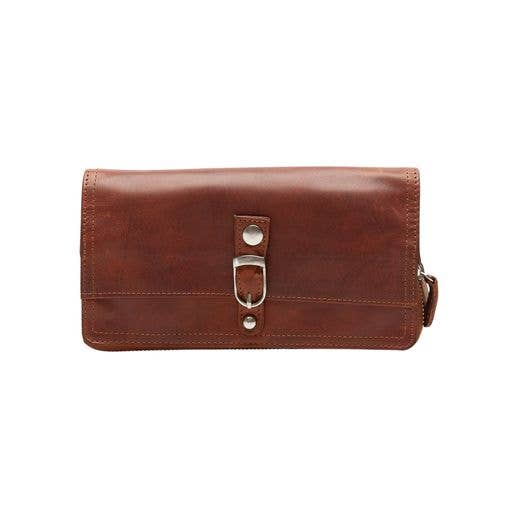 Tan leather zip around clutch wallet for wholesale by Leather Impressions Inc