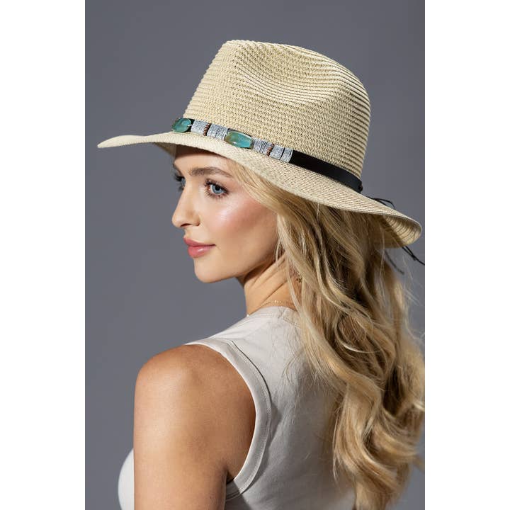 Urbanista - Wholesale Straw Hat - Women's - Turquoise Beaded Band Straw Sun Hat