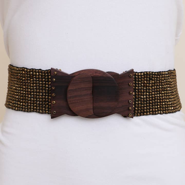 Leto Accessories - Wholesale Belt - Women's - Beaded Stretch Belt with Wooden Buckle - Gold, Lime, Orange2