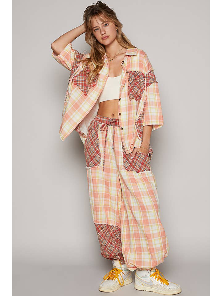 CORAL MULTI Woven plaid print quarter sleeve button down shirt SALE for wholesale on Faire