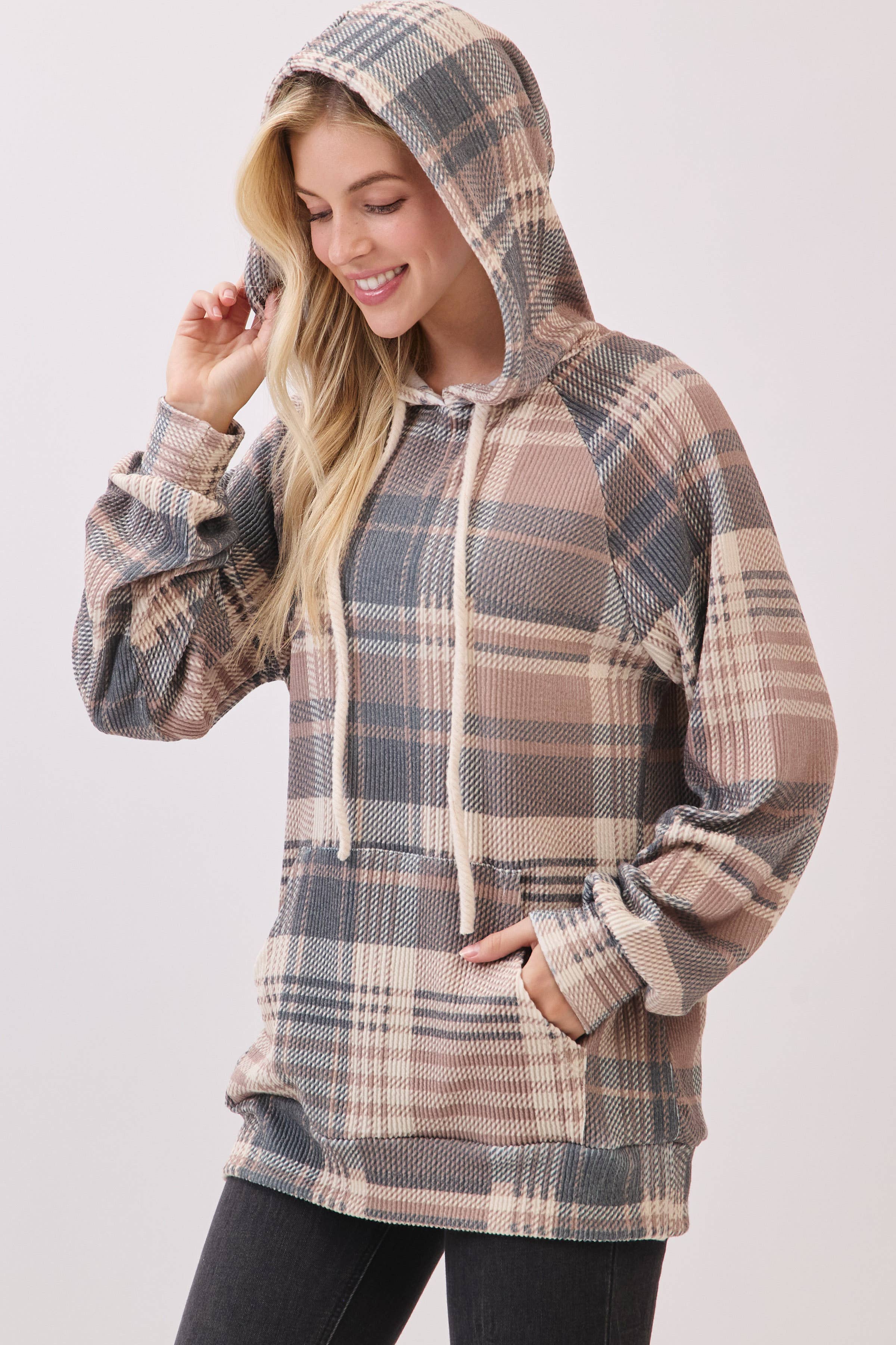 TL2083 Cozy Plaid Knit Hoodie for wholesale on Faire2