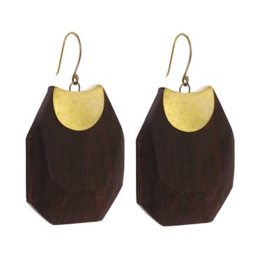 Topanga Earrings, Brass & Faceted Wood - Dark Wood for wholesale by HomArt