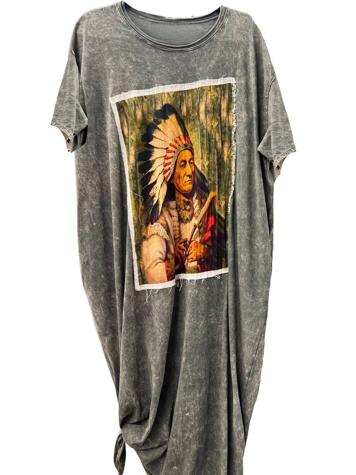 T-Shirt Dress with Patchwork Print of Sitting Bull for wholesale by LeParisPetit by I Love Linen