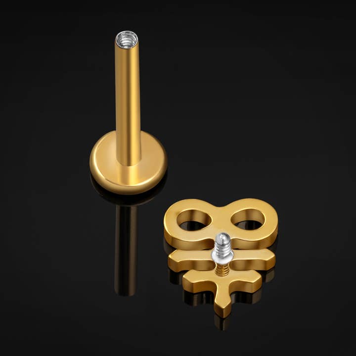 Custom Plugs - Wholesale Single Earring - Gold Leviathan Cross Internally Threaded Titanium Labret Stud 1.2mm Gauge1