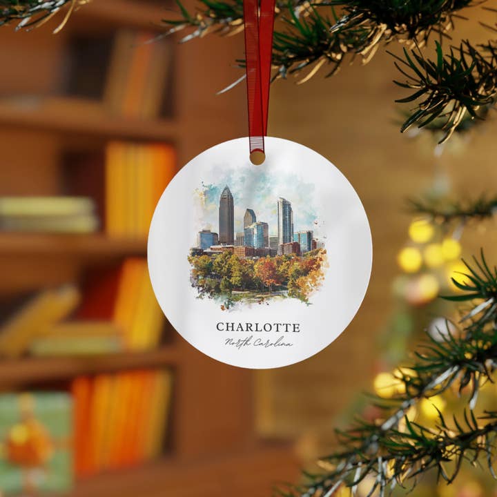 Premium Travel Art - Wholesale Ornament - Charlotte NC Ornament: Unique Charlotte Souvenir, Charlotte Xmas Decor, and Authentic Charlotte Skyline Gift (1pc, 3pcs, 5pcs, 10pcs)1