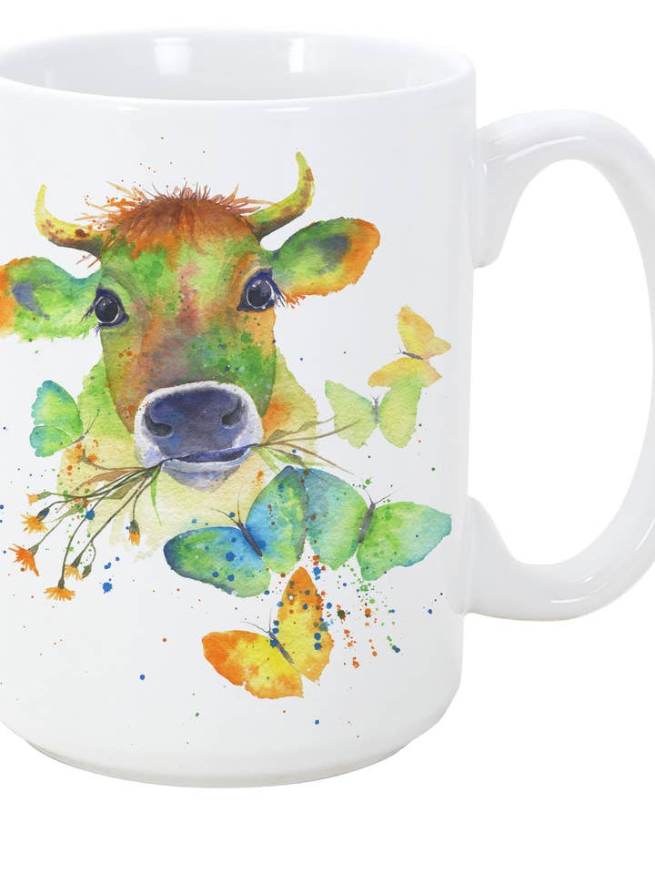 Caneca de Arte 15oz - Amigos da Pradaria - Vaca com Flores por atacado de Oladesign