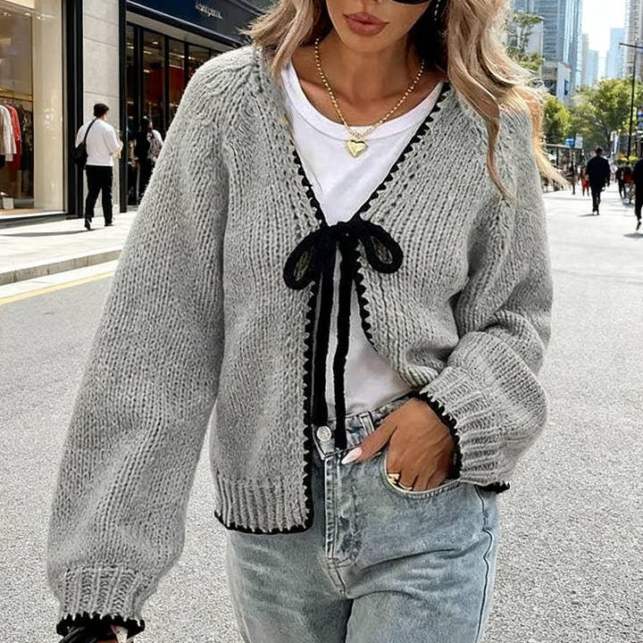 Lily Clothing - Wholesale Cardigan - Women's - Loose long-sleeved bow tie cardigan0