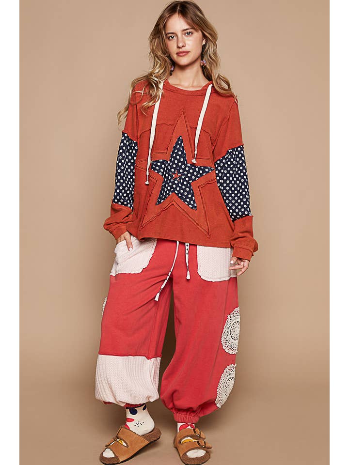 Pol Clothing - Wholesale Hoodie - Women's - Star patch-work frayed edge french terry hoodie SALE