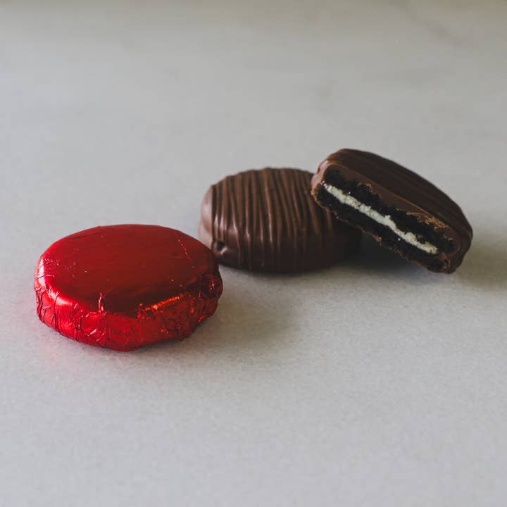 Milk Chocolate Covered Cookies Wrapped in Red Foil - CP 150pc for wholesale by Maggie Lyon Chocolatiers