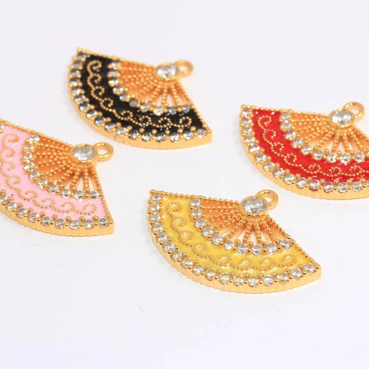 QueenJewelryM - Wholesale Individual Charm/Pendant - 20x32mm 24k Shiny Gold CZ Pearl Sector Fan Pendant, MTE8480