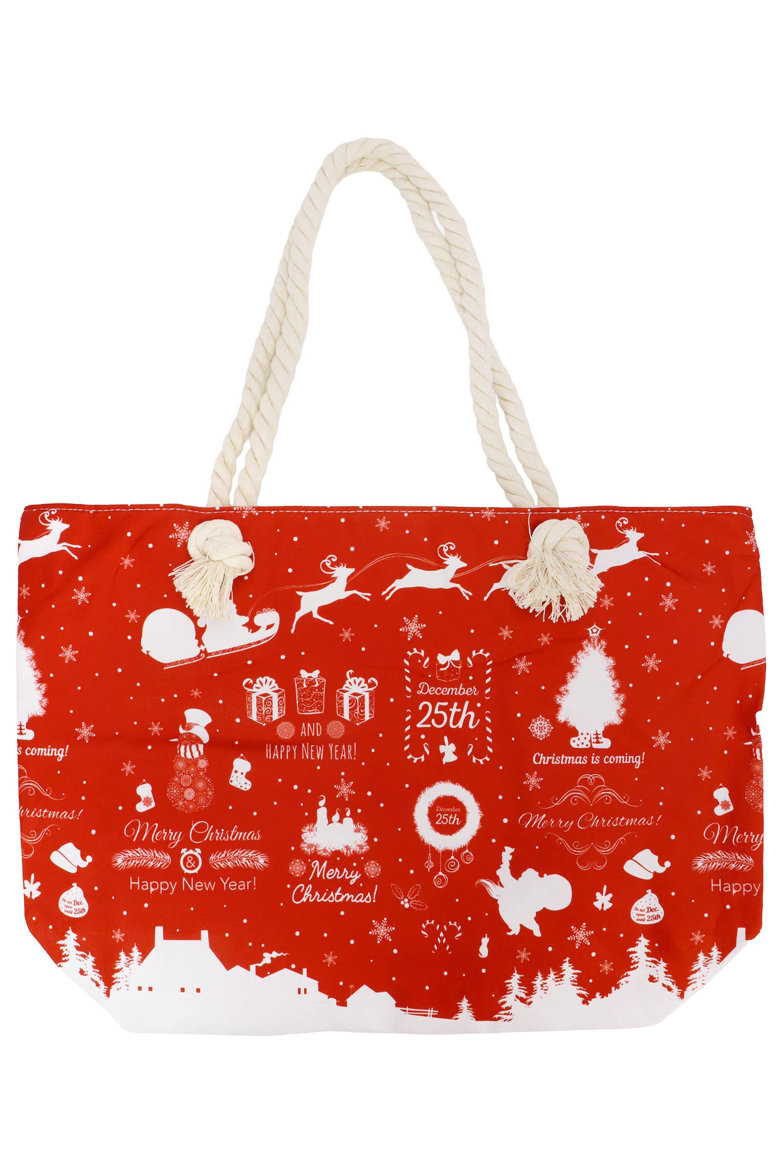 RED WHITE Christmas Winter Village Zipper Canvas Tote Bag for wholesale on Faire5