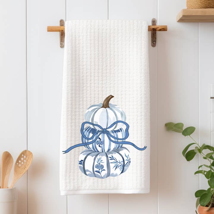 Chinoiserie Pumpkin Stack Preppy Bow Fall Kitchen Towel for wholesale by Painted Skies