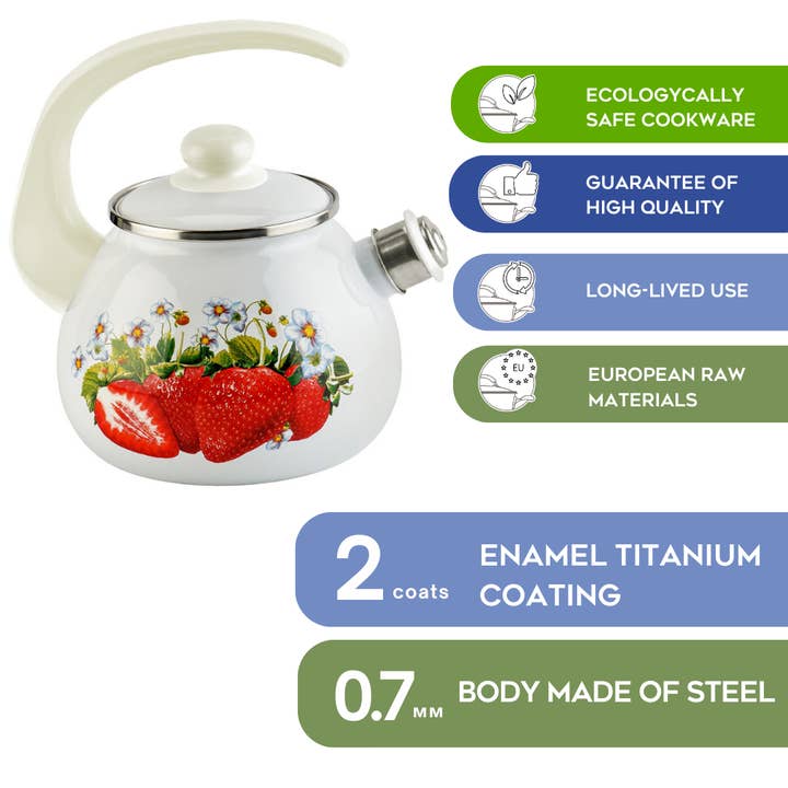 STP - Wholesale Tea Pot - Enamel Kettle with Whistle Strawberry 2.7-qt