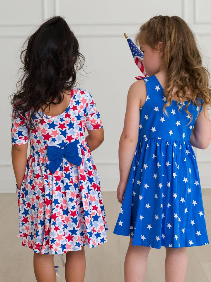 RuffleButts + RuggedButts - Wholesale Dress - Kids - Girls Stars & Stripes Knit Tie Shoulder Twirl Dress