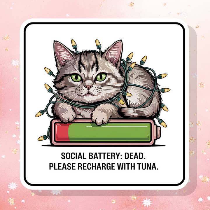 Kat social batteri død klistermærke humor sjov for engroshandel hos London Luxury Candles