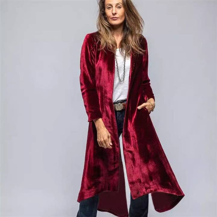 Sheer Trend - Wholesale Coat - Women's - Long Velvet Solid Color Vintage Split Coat