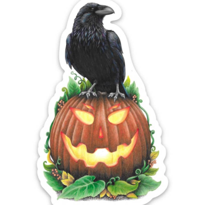Halloween raven standing on jack-o'-lantern sticker for wholesale by Abundance Illustration