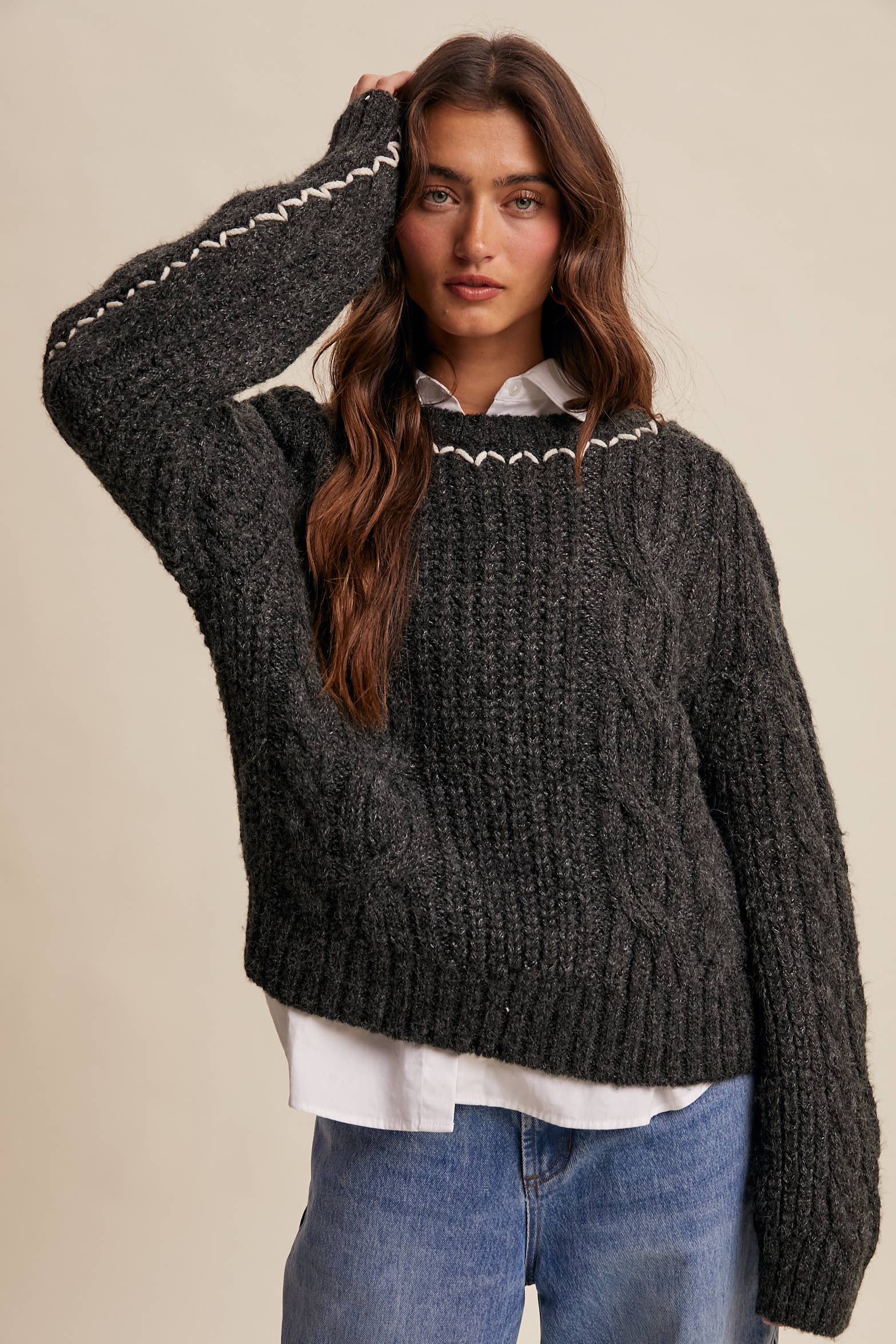 Listicle - Wholesale Knit Sweater - Women's - Contrast Stitch Cable Knit Sweater LSW1013 9