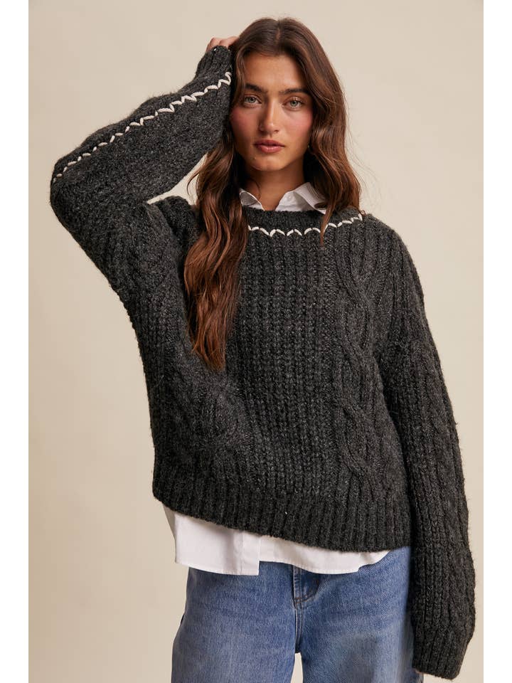 Listicle - Wholesale Knit Sweater - Women's - Contrast Stitch Cable Knit Sweater LSW1013 9