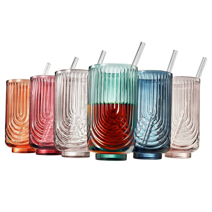 Colored Vintage Highball Glasses with Straws | 15OZ Set of 6 for wholesale by The Wine Savant / Khen Glassware