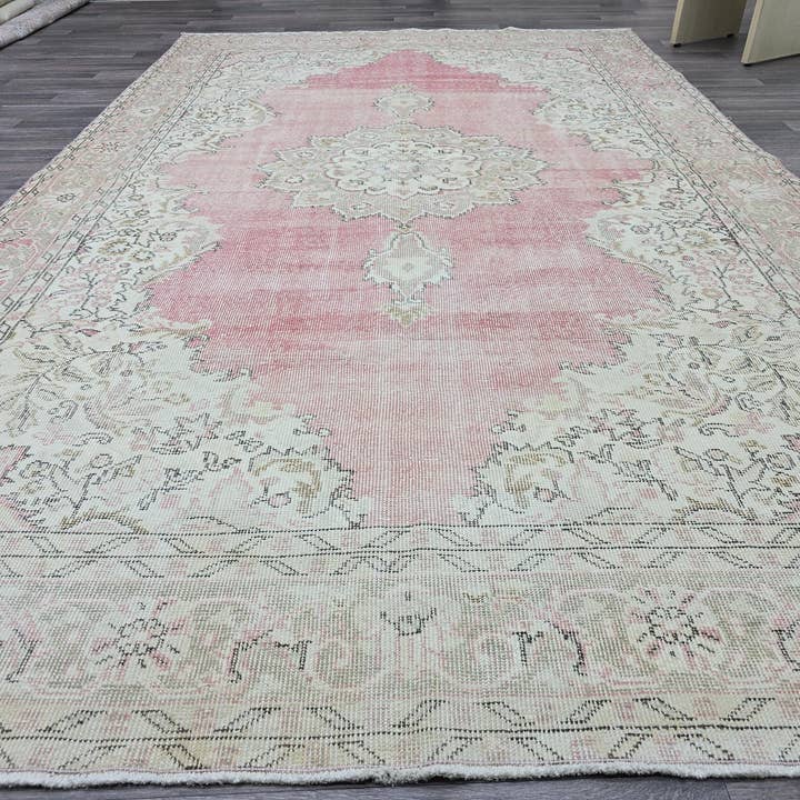 Pink Turkish Rug 7x11 Vintage Oushak Area Rug Distressed Medallion Living Room Large Carpet for wholesale by MesopotamiaRugs