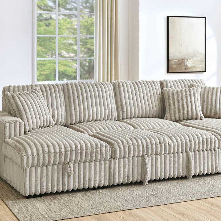 U Shaped Sleeper Sofa, 122 inch Overisze - 2 in 1 Pull Out Bed, Sectional Sleeper Sofa with Double Storage Chaise for Living Room, Rabbit plush Corduroy Fabric Couch, Khaki for wholesale by HOMYCASA DESIGN INC