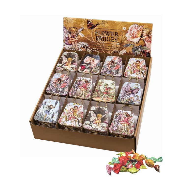 Flower Fairies - Mini Handle Tin Bags with Fruit Drops (24) for wholesale by Tin Treats