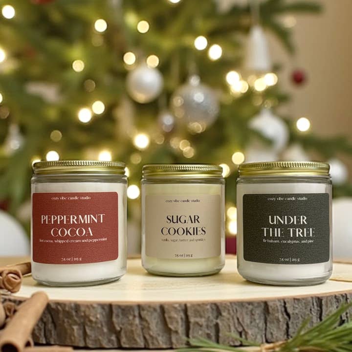 Holiday + Christmas Candles | 7.5oz Glass Jars for wholesale by Cozyvibecandlestudio
