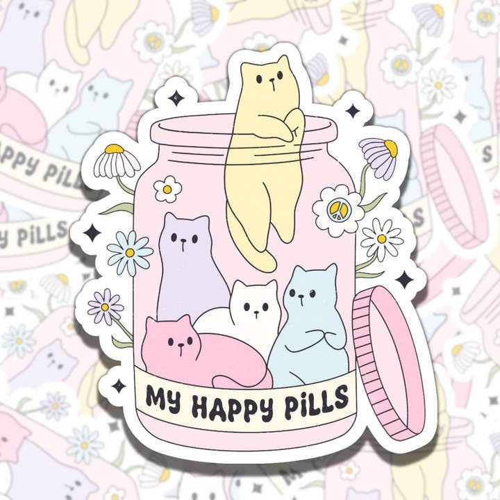 Niedliche Katzen-Pillenflaschen-Aufkleber - Affirmationsgeschenk für Freunde für den Großhandel von Sticky Sadness Designs
