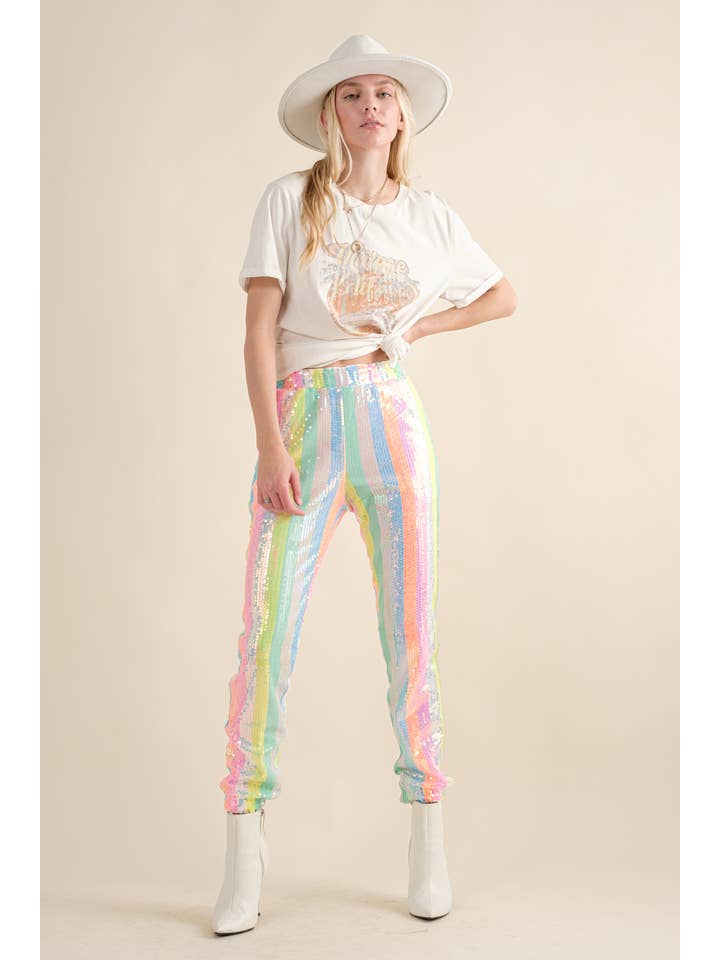 34007P - Rainbow Sequin Mid Rise Elastic Waist Jogger Pants for wholesale on Faire5