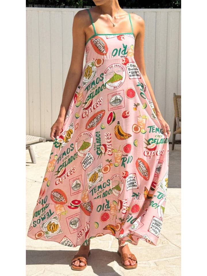 Pink 2025 Savanna Tropical Fruits print large swing flare dress for wholesale on Faire3