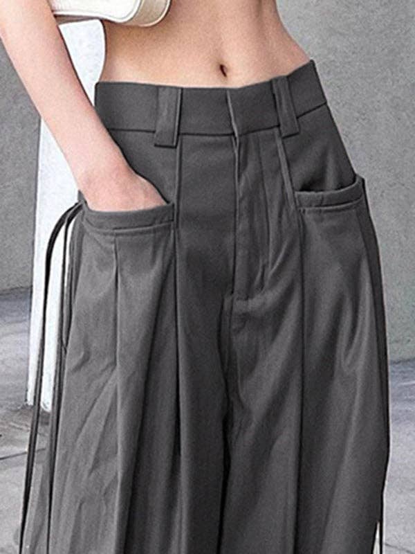 GRAY Pleated Solid Color Split-Joint Streamer High Waisted Loose Trousers Pants for wholesale on Faire
