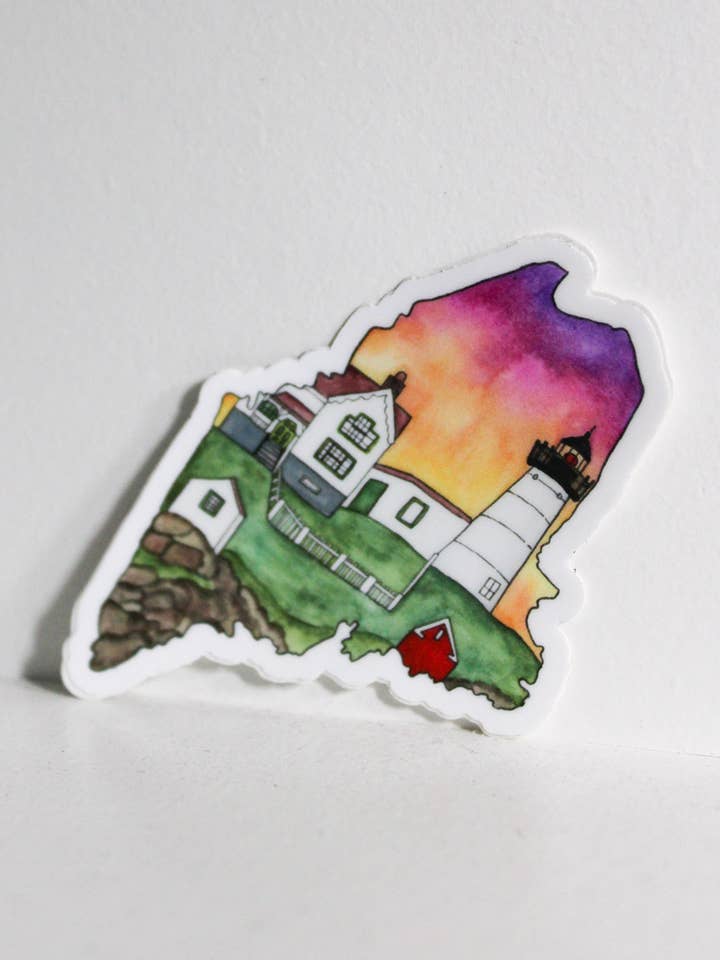Vuurtoren van Maine Nubble | Nautische aquarelsticker voor wholesale door Scribbles and Doodlez
